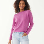 female wearing purple fitted cashmere sweater with a crewneck on a white background