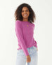 female wearing purple fitted cashmere sweater with a crewneck on a white background
