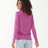 female wearing purple fitted cashmere sweater with a crewneck backwards on a white background
