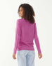 female wearing purple fitted cashmere sweater with a crewneck backwards on a white background