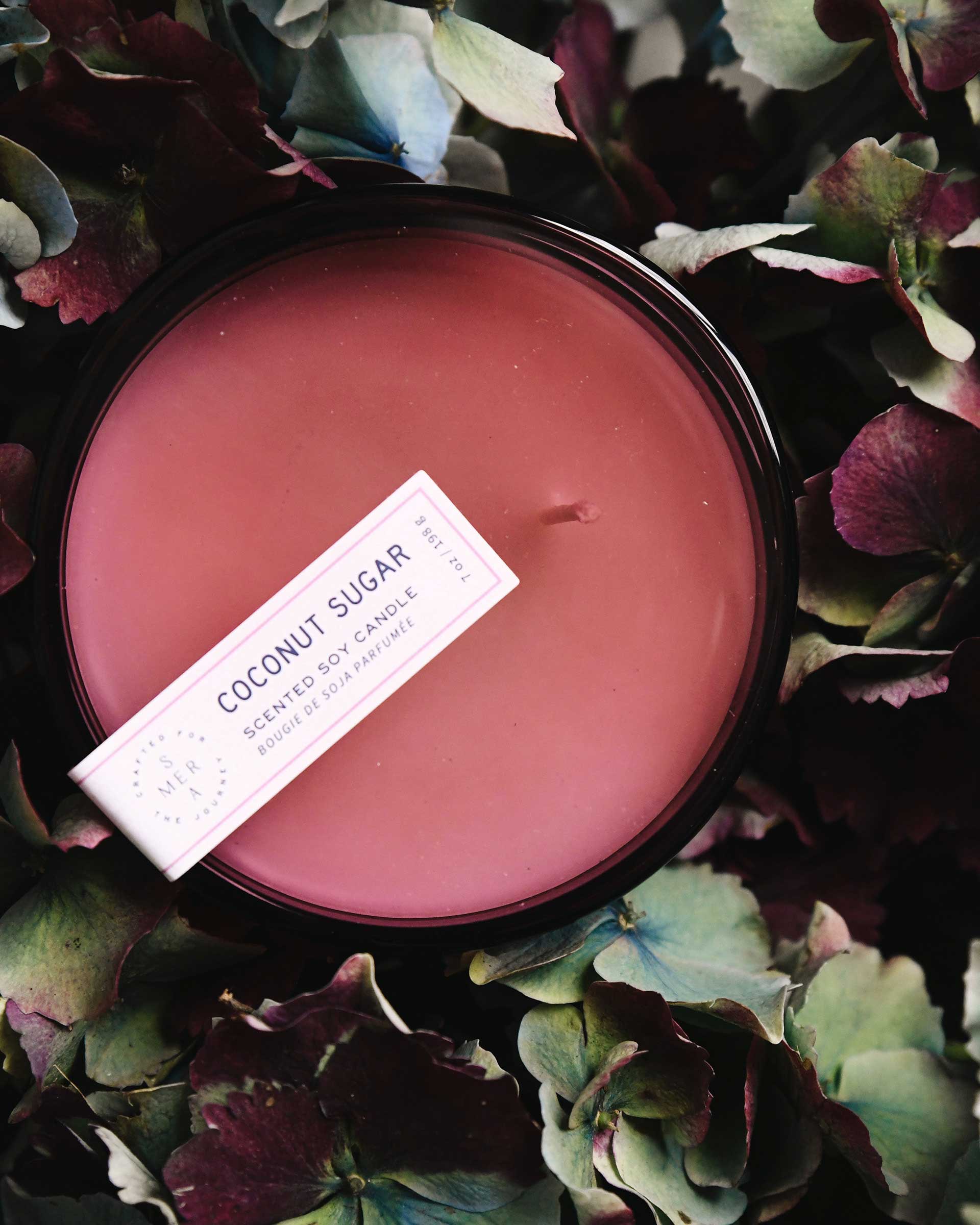 7 oz dark pink coconut sugar canister candle surrounded by green and dark pink leaves 