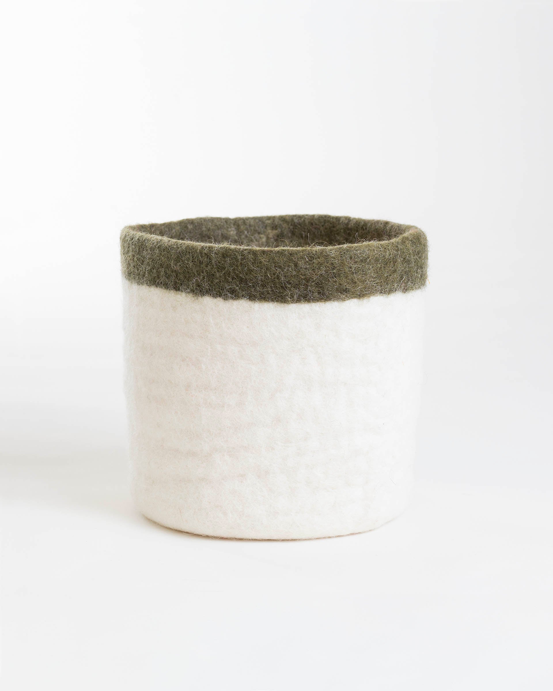medium sized white with green trim hand felted planter on a white background 