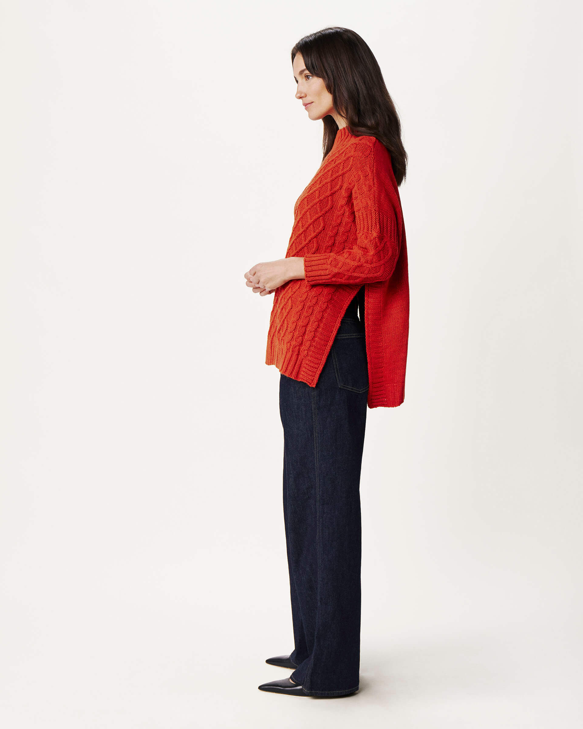 profile of woman wearing Mersea lisbon red sweater