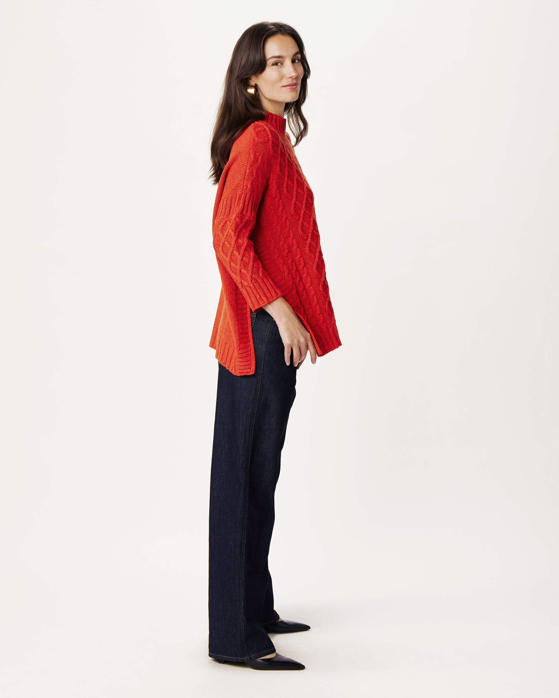 profile of woman wearing Mersea lisbon red sweater