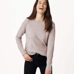 Women's Beige Taupe Fitted Cashmere Crewneck Rolled Hem Pullover Sweater Front View