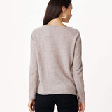 Women's Beige Taupe Fitted Cashmere Crewneck Rolled Hem Pullover Sweater Rear View