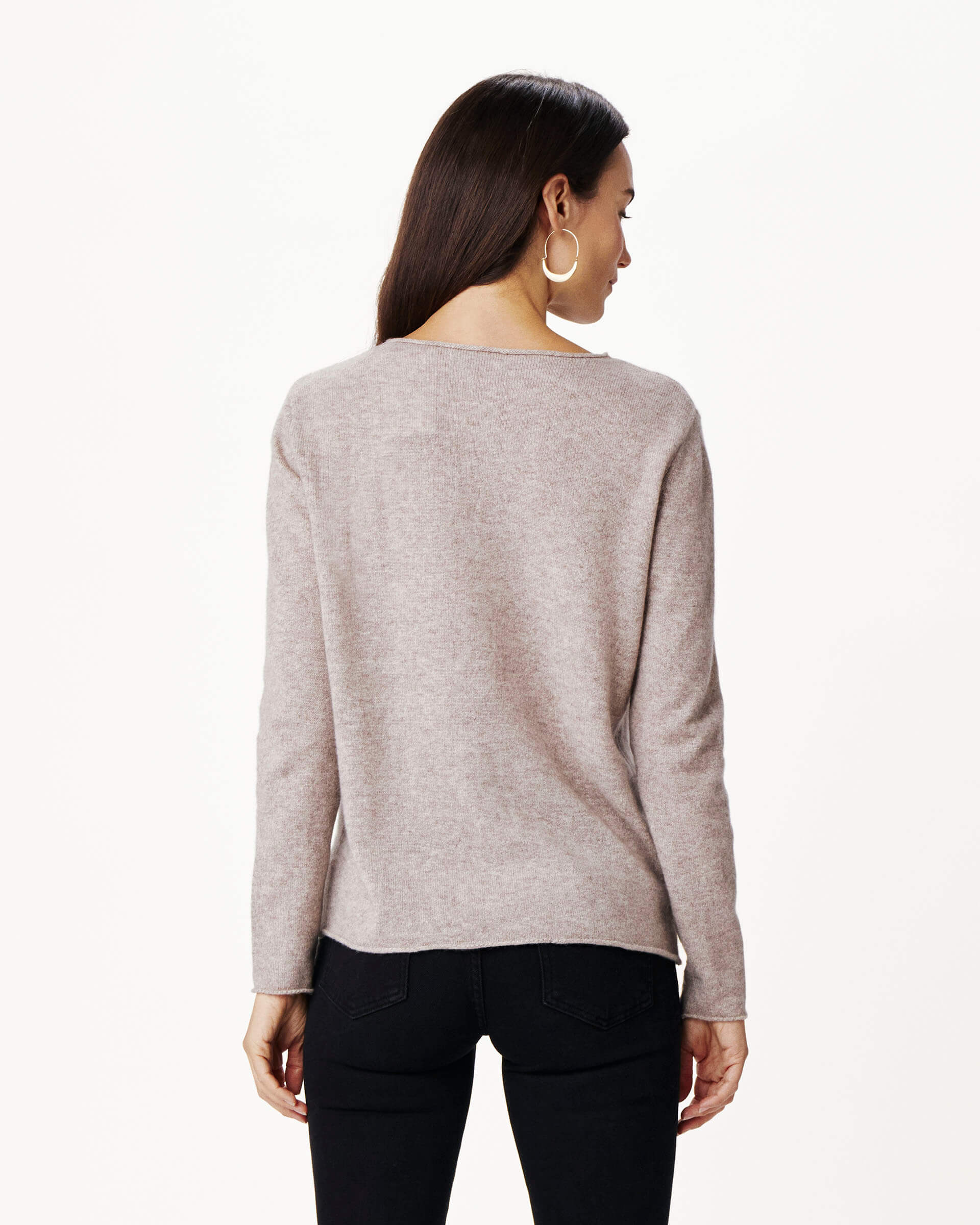 Women's Beige Taupe Fitted Cashmere Crewneck Rolled Hem Pullover Sweater Rear View