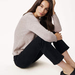 Women's Beige Taupe Fitted Cashmere Crewneck Rolled Hem Pullover Sweater Sitting