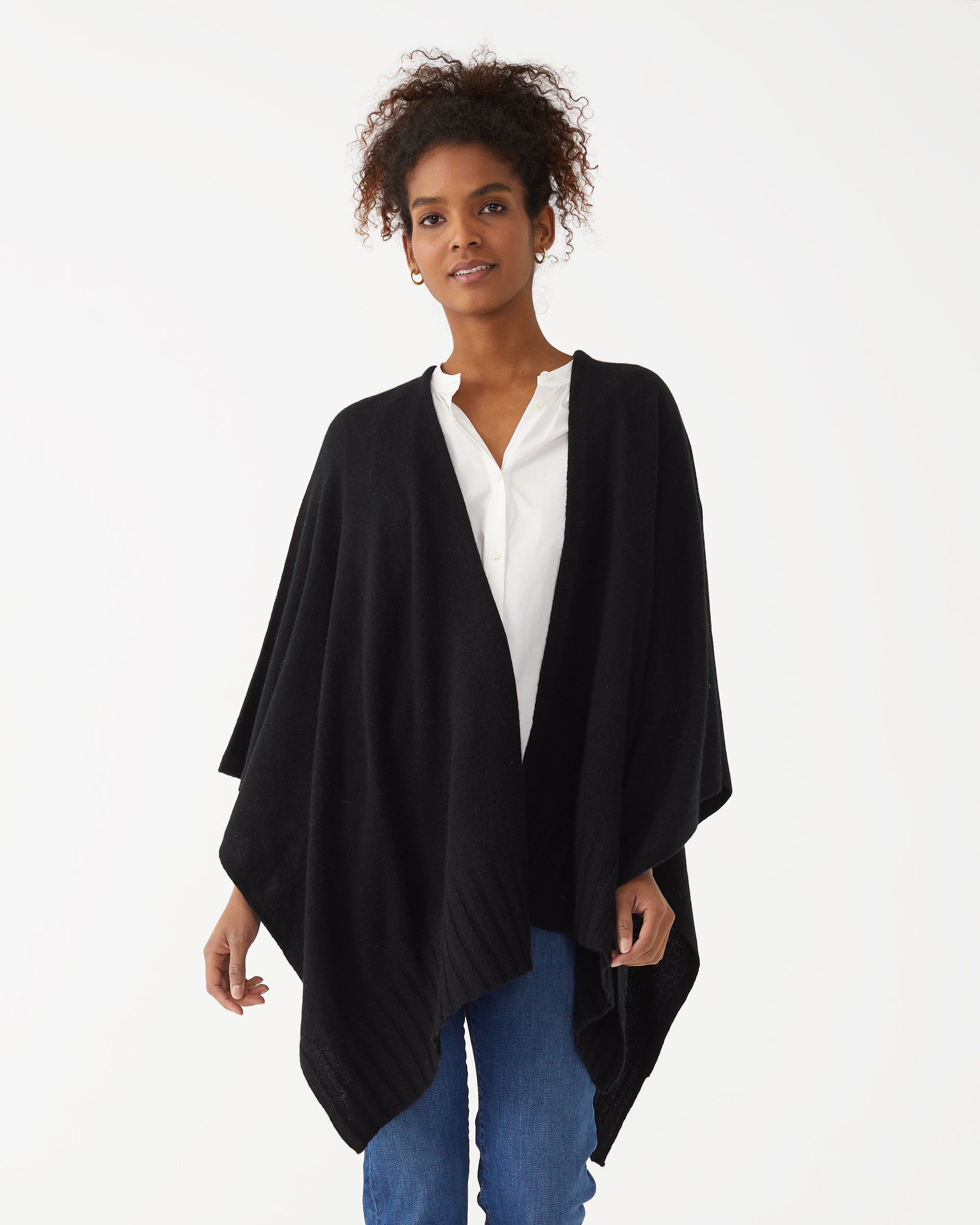 Women's Black Cashmere Super Soft Drapy Travel Wrap Wide Rib Detailed Hemline Front View