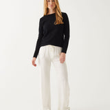 Women's Black Fitted Cashmere Crewneck Rolled Hem Pullover Sweater Front View 1