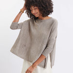 Women's Oversized Crewneck Knit Sweater in Brown Chest View Drape of Fabric