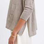 Women's Oversized Crewneck Knit Sweater in Brown Side Slits View with Pockets