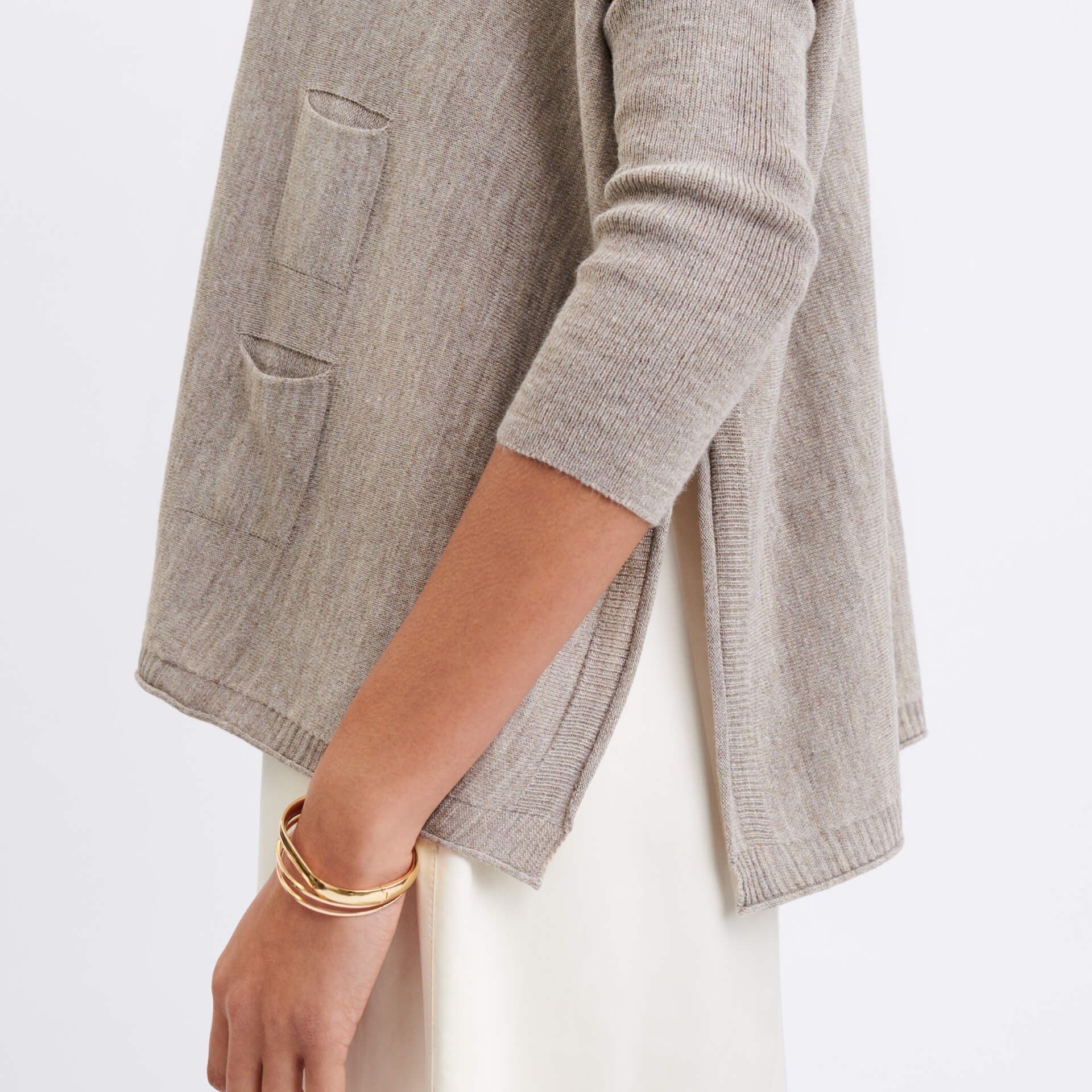 Women's Oversized Crewneck Knit Sweater in Brown Side Slits View with Pockets