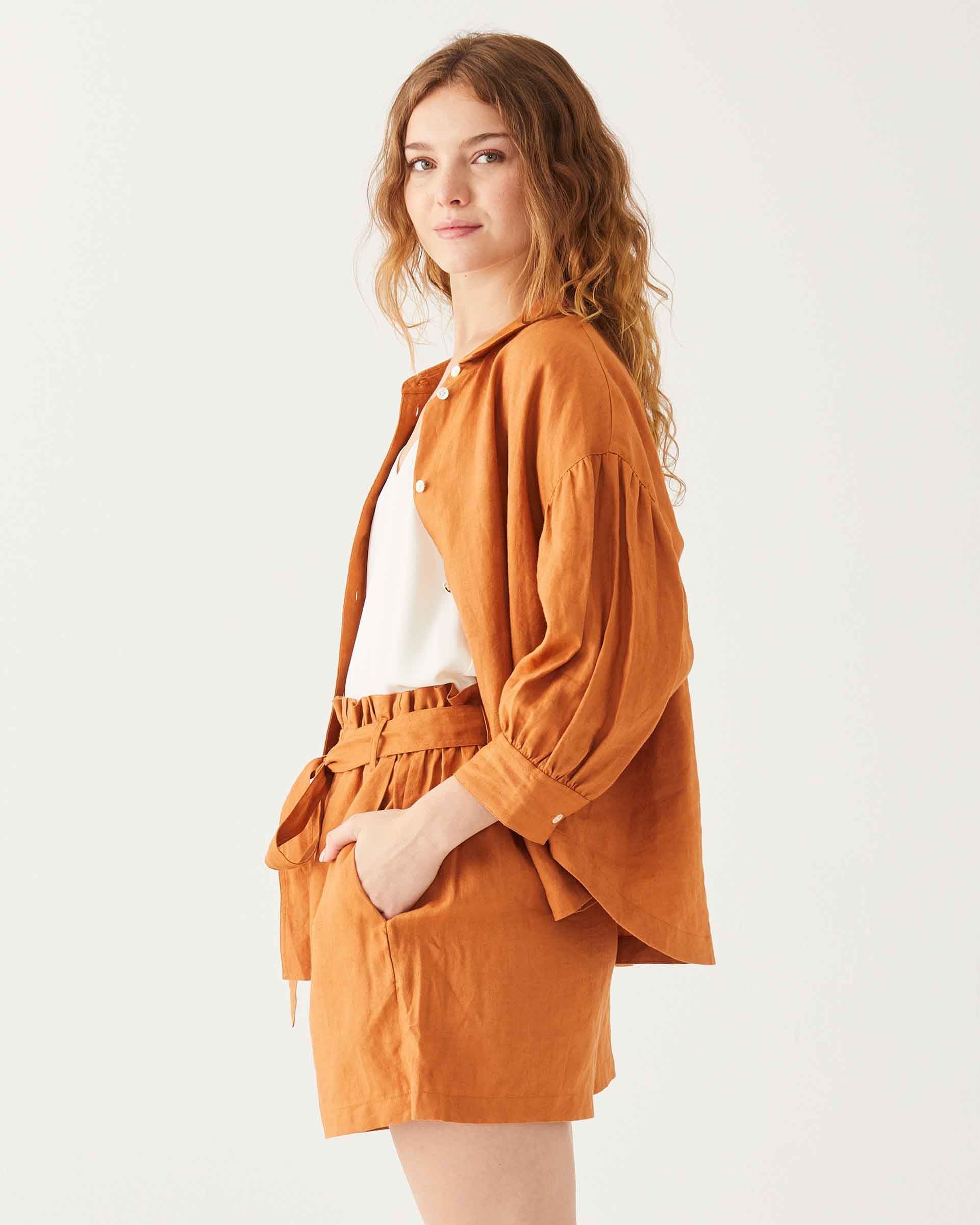 Women's Daytime Clay Lightweight-Linen Relaxed Fit Lucca Shirt with Classic Collar and Cuffs (Pair with Billie Shorts) Open Side View