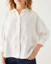 Women's Daytime White Lightweight-Linen Relaxed Fit Lucca Shirt with Classic Collar and Cuffs (Pair with Billie Shorts) Front View Closeup