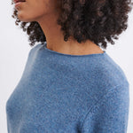 Women's Indigo Fitted Cashmere Crewneck Rolled Hem Pullover Sweater Neckline Detail