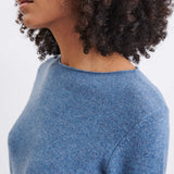 Women's Indigo Fitted Cashmere Crewneck Rolled Hem Pullover Sweater Neckline Detail