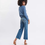 Women's Indigo Fitted Cashmere Crewneck Rolled Hem Pullover Sweater Rear View