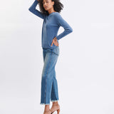 Women's Indigo Fitted Cashmere Crewneck Rolled Hem Pullover Sweater Side View