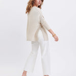Women's Oversized Crewneck Knit Sweater in Light Brown Back Side Slits View