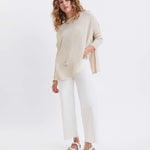 Women's Oversized Crewneck Knit Sweater in Light Brown Chest View