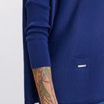 Women's Oversized Crewneck Knit Sweater in Navy Blue Front View with Pockets