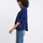 Women's Oversized Crewneck Knit Sweater in Navy Blue Side View With Quarter Sleeves