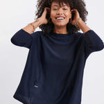 Women's Oversized Crewneck Knit Sweater in Navy Chest View Drape of Fabric