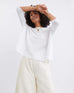 Women's Oversized Crewneck Knit Sweater in White Chest View Drape of Fabric