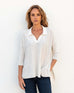 Women's White Heathered Collared V-neck- Polo Sweater Front View of Hand in Pocket